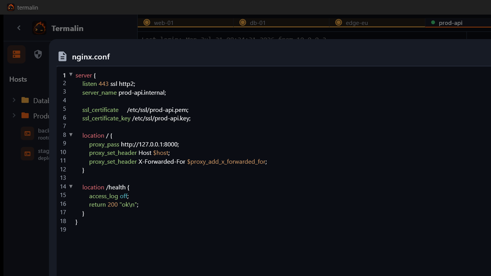 The SFTP panel and built-in editor beside a terminal session