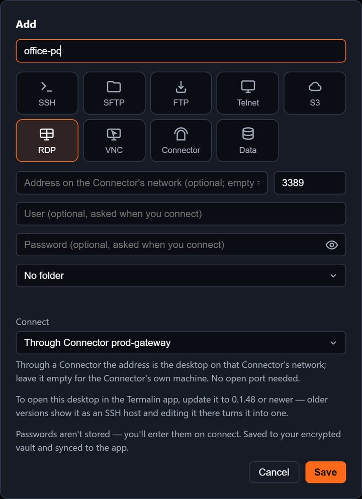 Adding an RDP host in Termalin, with a choice between connecting directly and through a Connector.