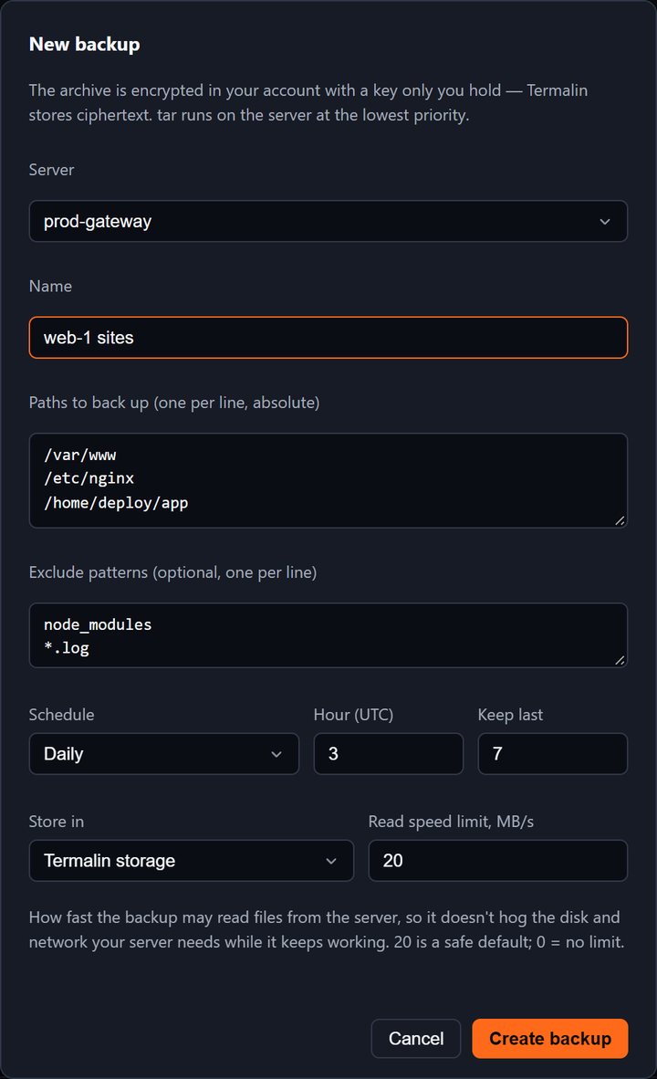 The backup job form in Termalin — folders, schedule, retention and a read-speed limit.