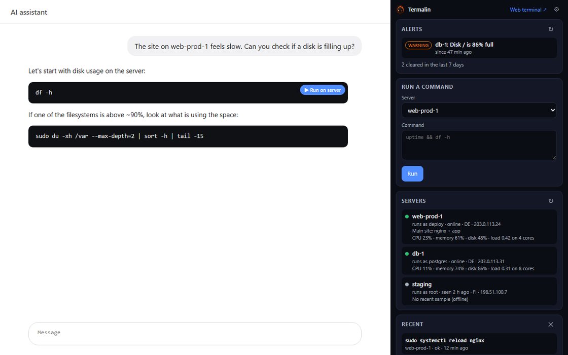 The Termalin side panel in Chrome, showing servers and open alerts beside a chat.