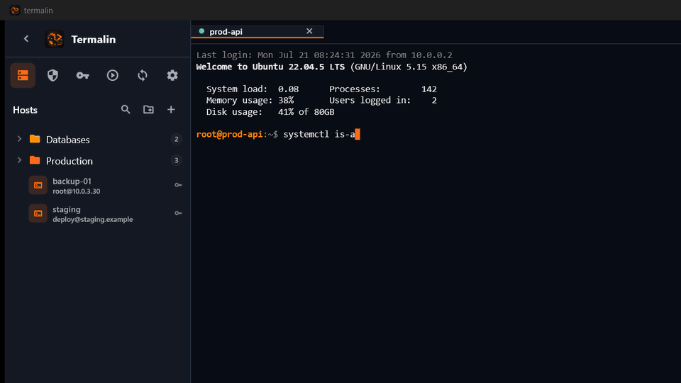 Termalin's tabbed terminal with several live SSH sessions